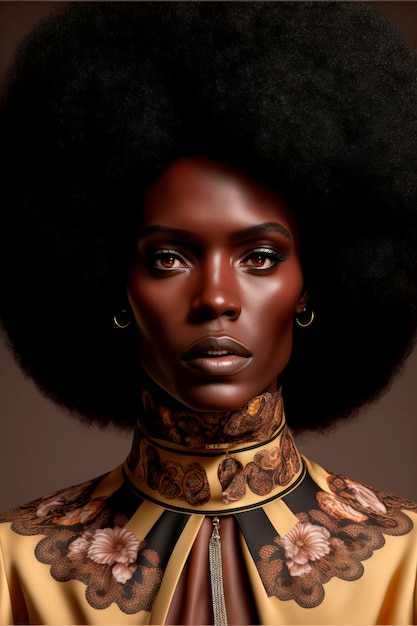 Portrait d'un mannequin avec des cheveux afro et une tenue à motifs floraux Generative AI