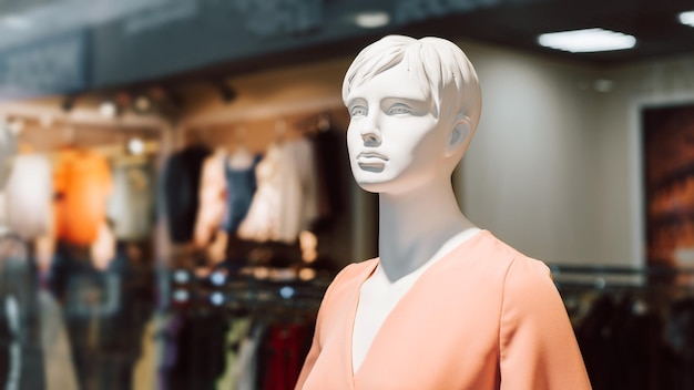 Portrait d'un mannequin féminin en vêtements sur la vitrine d'une boutique à l'intérieur Magasin de style et de mode