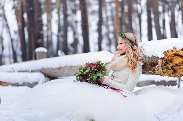 Portrait de la mariée en hiver.