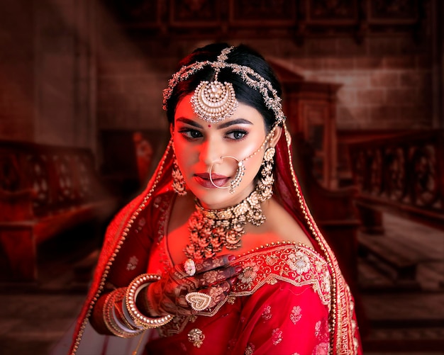 portrait de mariée indienne en sari rouge traditionnel avec des bijoux en or