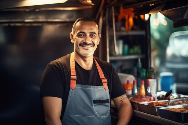 Portrait masculin d'un vendeur moustachu dans un camion de nourriture légèrement souriant