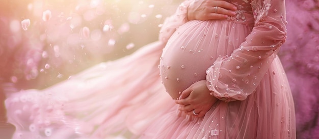 Portrait de maternité coupé avec une belle robe rose sur un fond flou naturel image générée par l'IA