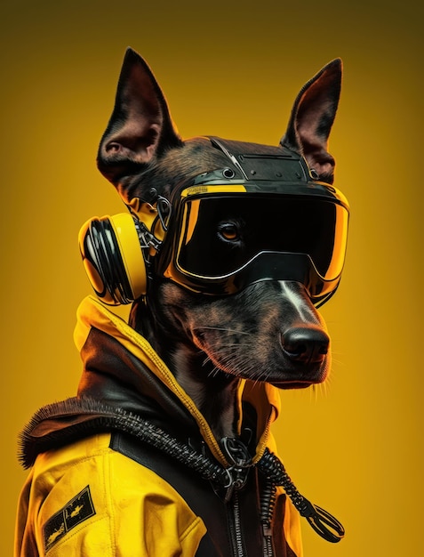 Portrait de mauvais chiens portant une veste sur fond jaune Créé Generative AI