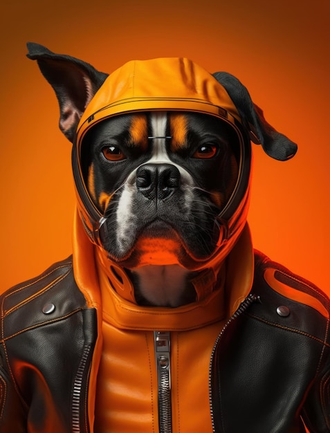 Portrait de mauvais chiens portant une veste sur fond orange Créé Generative AI