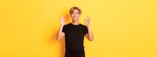 Portrait d'un mec asiatique souriant et confiant qui a l'air heureux de montrer un geste correct sur fond jaune