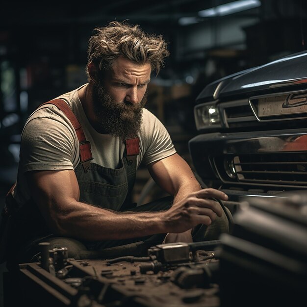 Portrait d'un mécanicien barbu réparant une voiture