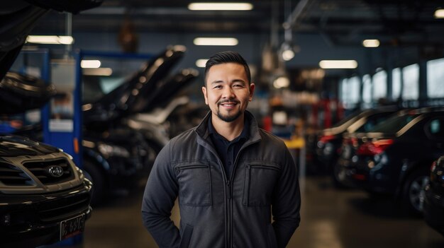 Portrait d'un mécanicien dans un service automobile sur la toile de fond des voitures