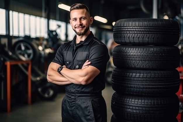 Photo portrait d'un mécanicien professionnel souriant et d'un pneu de voiture nouveau dans un atelier de réparation automobile.