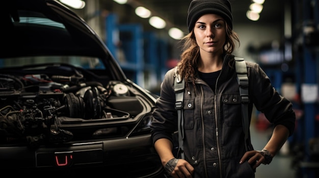 Portrait d'une mécanicienne travaillant sur un véhicule dans un service de voiture