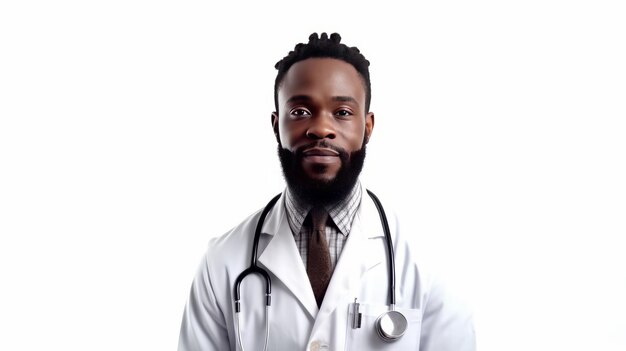 Photo portrait d'un médecin africain portant une blouse blanche avec stéthoscope