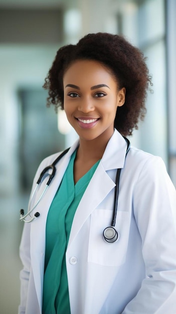 Portrait d'une médecin afro-américaine souriante dans le couloir de l'hôpital.