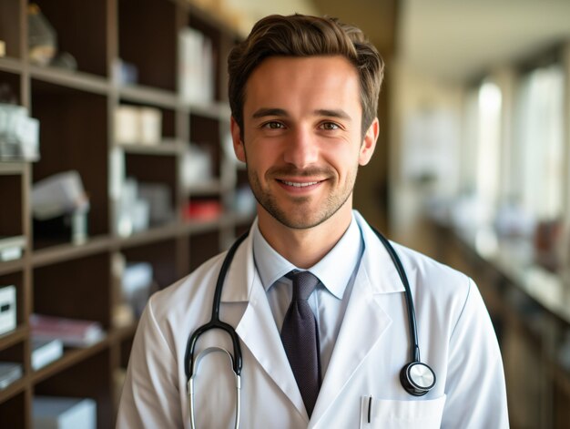 Portrait d'un médecin amical en vêtements de travail avec un stéthoscope au cou