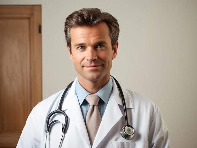 Portrait d'un médecin amical en vêtements de travail avec un stéthoscope au cou
