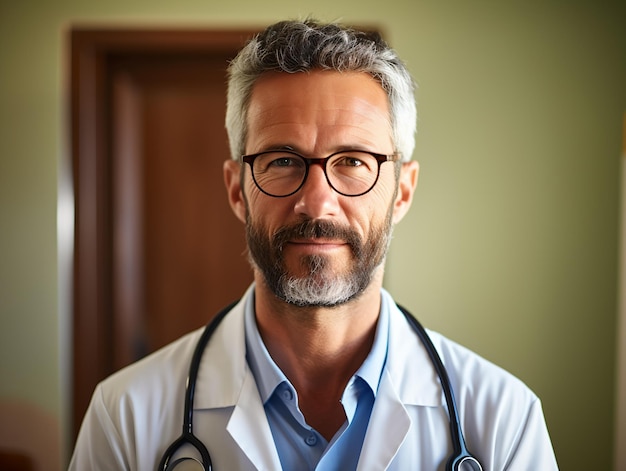 Portrait d'un médecin amical en vêtements de travail avec un stéthoscope au cou