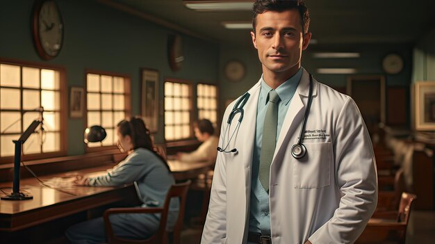 Portrait d'un médecin dans une veste médicale avec des compagnons dans un hôpital