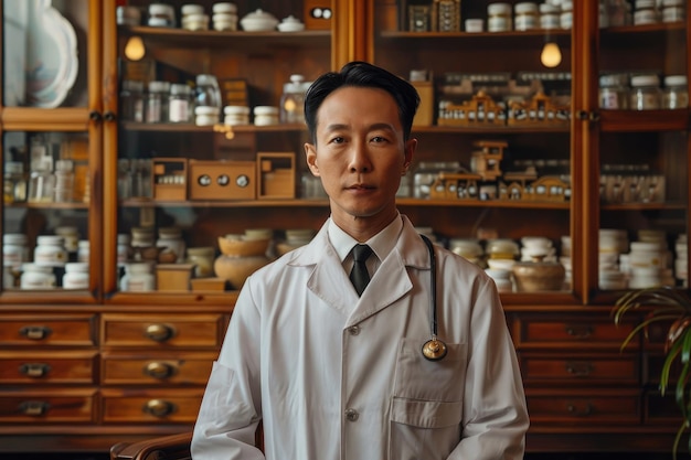 Portrait d'un médecin devant un cabinet de médecine traditionnelle chinoise