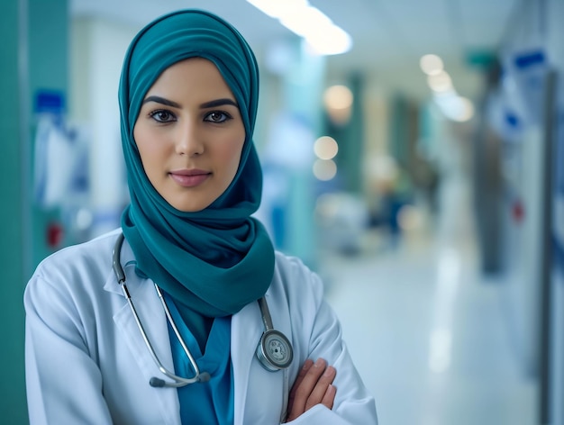 Portrait d'un médecin ou d'une infirmière musulmane amical portant un hijab et un masque et des gants médicaux sur un fond gris