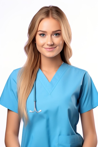 Portrait d'une médecin ou d'une infirmière souriante portant un manteau bleu