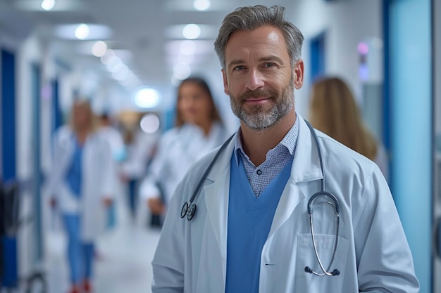 Portrait d'un médecin marchant à travers l'hôpital