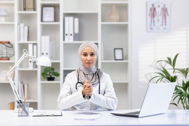 Portrait d'une médecin musulmane asiatique sérieuse en hijab assise à une table dans un bureau d'hôpital avec