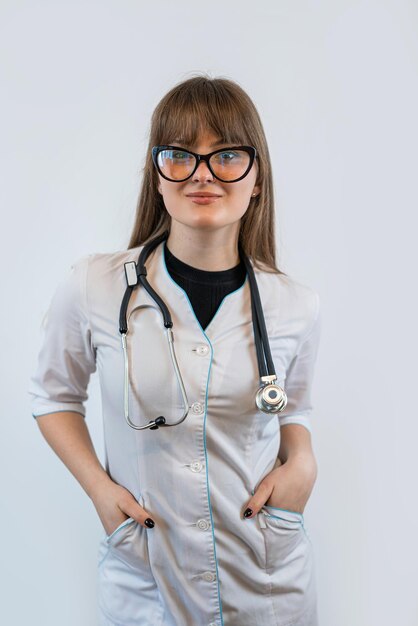 portrait médecin portant un uniforme médical blanc et un stéthoscope isolé sur fond gris blanc