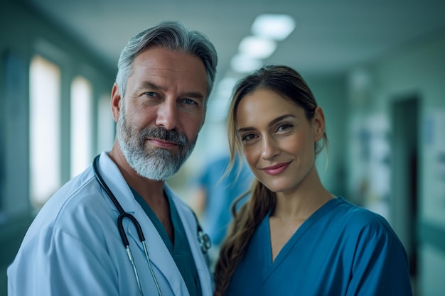 Portrait d'un médecin avec sa collègue médecin debout dans le couloir d'un hôpital