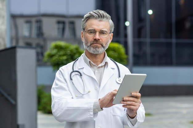 Portrait d'un médecin senior aux cheveux gris en blouse blanche et avec un stéthoscope debout à l'extérieur