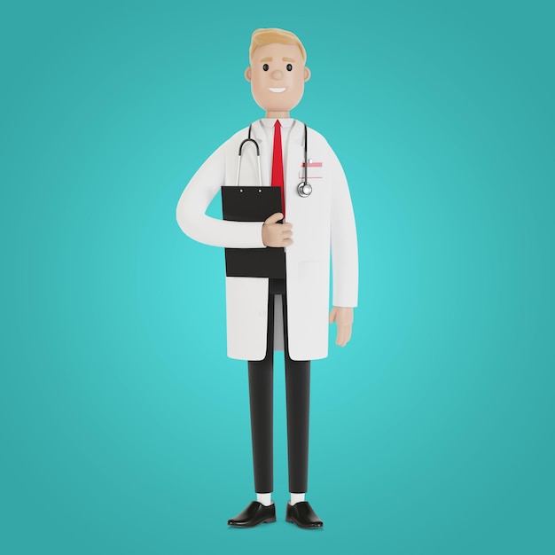 Portrait d'un médecin de sexe masculin avec un dossier dans ses mains. Illustration 3D en style cartoon.