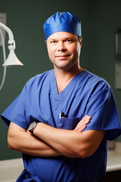 Photo portrait d'un médecin de sexe masculin heureux portant des gommages chirurgicaux créés avec une ia générative