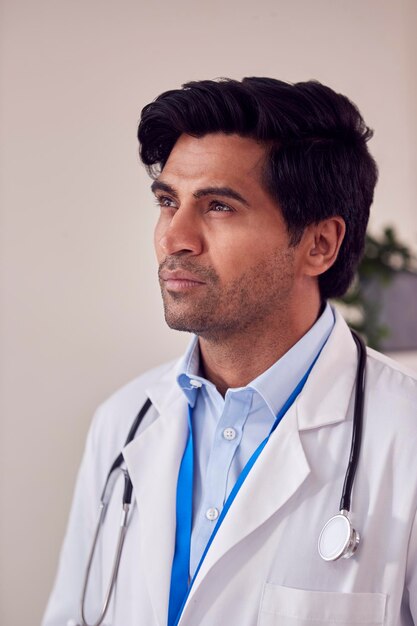 Portrait d'un médecin de sexe masculin ou d'un médecin généraliste avec stéthoscope portant un manteau blanc debout au bureau