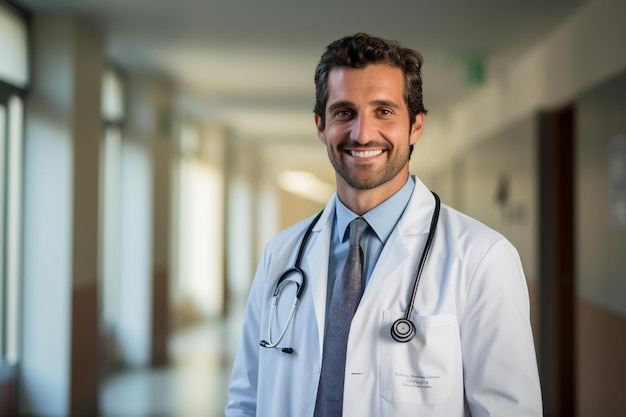 Portrait d'un médecin souriant avec un stéthoscope dans le couloir de l'hôpital