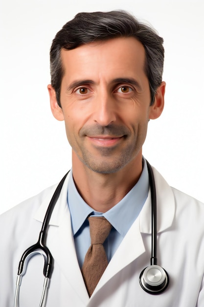 Portrait d'un médecin souriant avec un stéthoscope sur fond blanc