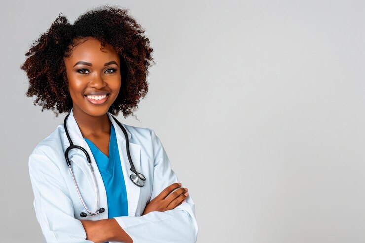 Portrait d'une médecin souriante avec les bras croisés dans un manteau blanc sur un fond gris