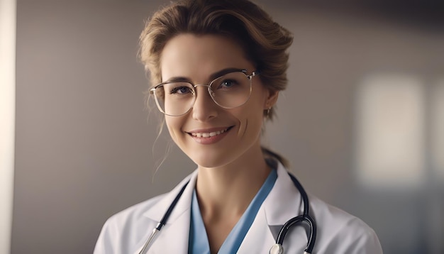 Portrait d'une médecin souriante avec un stéthoscope et des lunettes