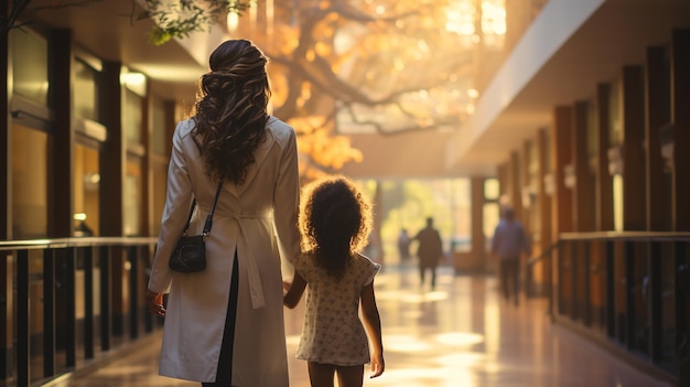 Portrait d'une médecin souriante tenant la main d'une petite fille dans le couloir de l'hôpital