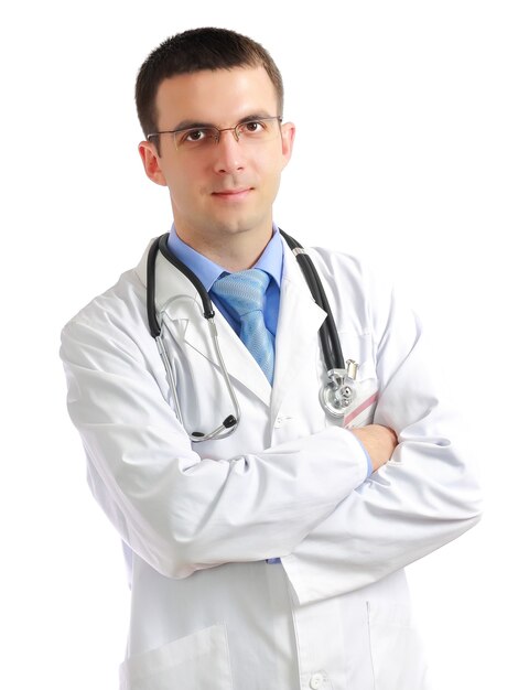 Portrait d'un médecin sympathique avec une croix les mains. Isolé