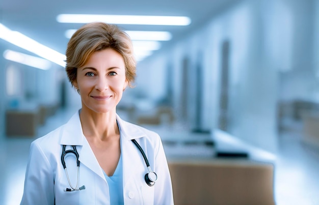 Photo portrait d'une médecin avec un uniforme de stéthoscope à l'hôpital concept de soins de santé et dos médical