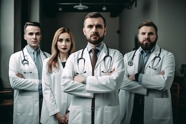 Photo portrait de médecins confiants debout avec les bras croisés dans le couloir de l'hôpital moderne