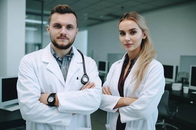 Portrait de médecins confiants debout avec les bras croisés dans le couloir de l'hôpital moderne