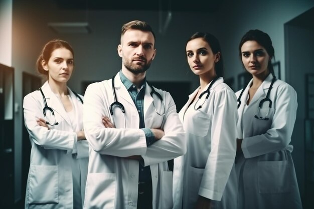 Photo portrait de médecins confiants debout avec les bras croisés dans le couloir de l'hôpital moderne
