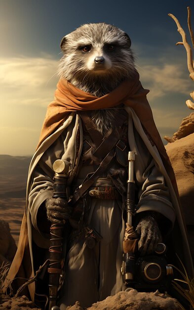 Portrait de Meerkat Pirate Sentinelle du désert Costume du désert Foulard de sable Dune Mode Design Costume Art