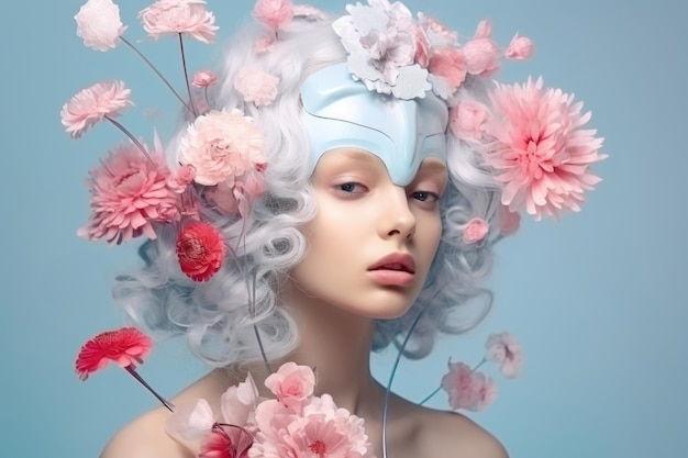 Portrait mélancolique d'une fille mystérieuse aux cheveux gris décorés de fleurs roses sur fond bleu