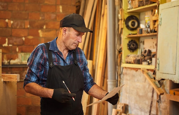 Portrait d'un menuisier senior regardant des plans pour fabriquer un meuble dans l'atelier de menuiserie