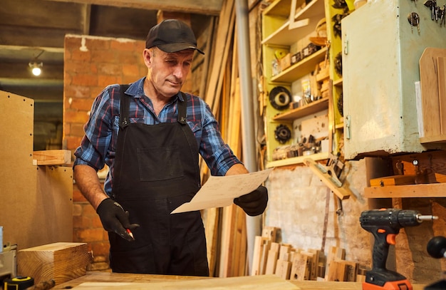 Portrait d'un menuisier senior regardant des plans pour fabriquer un meuble dans l'atelier de menuiserie