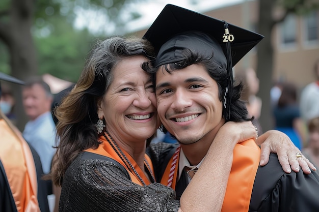 Portrait d'une mère étreignant son fils diplômé le jour de sa convocation avec un beau fond flou et de l'espace pour le texte ou le produit