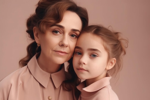 Portrait de mère et fille sur fond rose IA générative