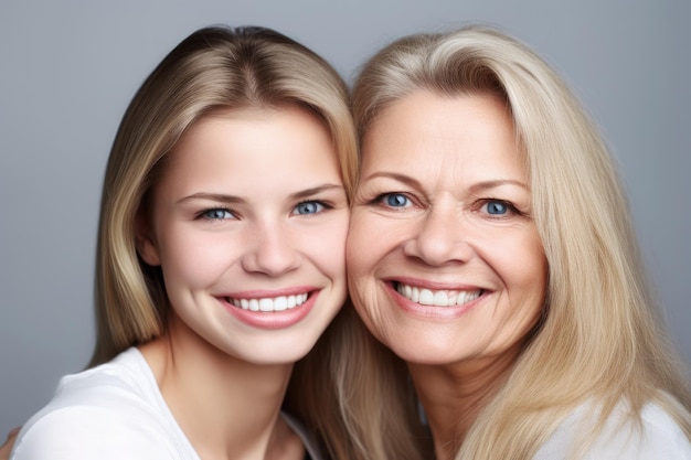 Portrait d'une mère et d'une fille heureuses, les bras l'un autour de l'autre, créés avec une IA générative