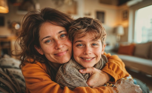 Portrait d'une mère heureuse embrassant son fils dans le salon de leur maison