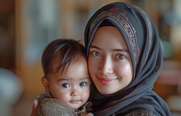 Portrait d'une mère musulmane adulte portant un petit enfant tout en portant un foulard et des vêtements noirs traditionnels Elle est heureuse et souriante