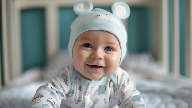 Photo portrait d'un mignon bébé dans un chapeau bleu sur le lit